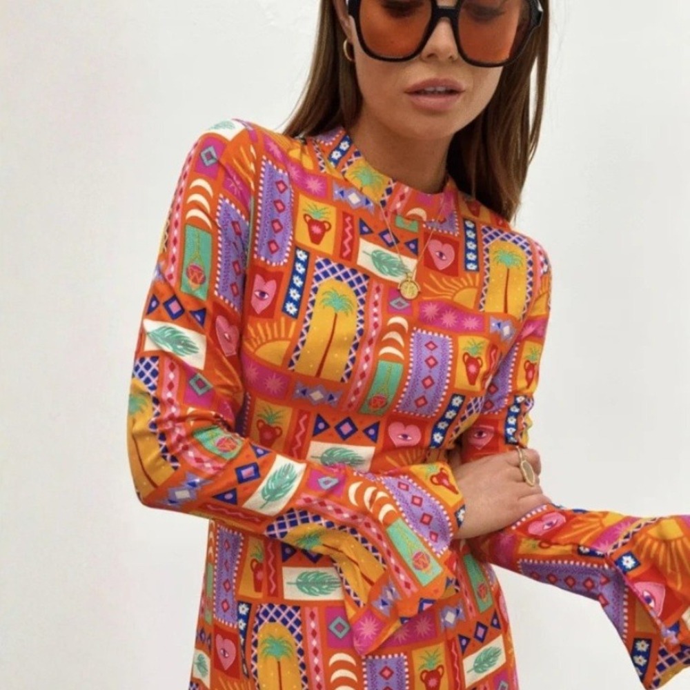 Never Fully Dressed Tilly Street Art Midi Dress Long Sleeve Size US 10